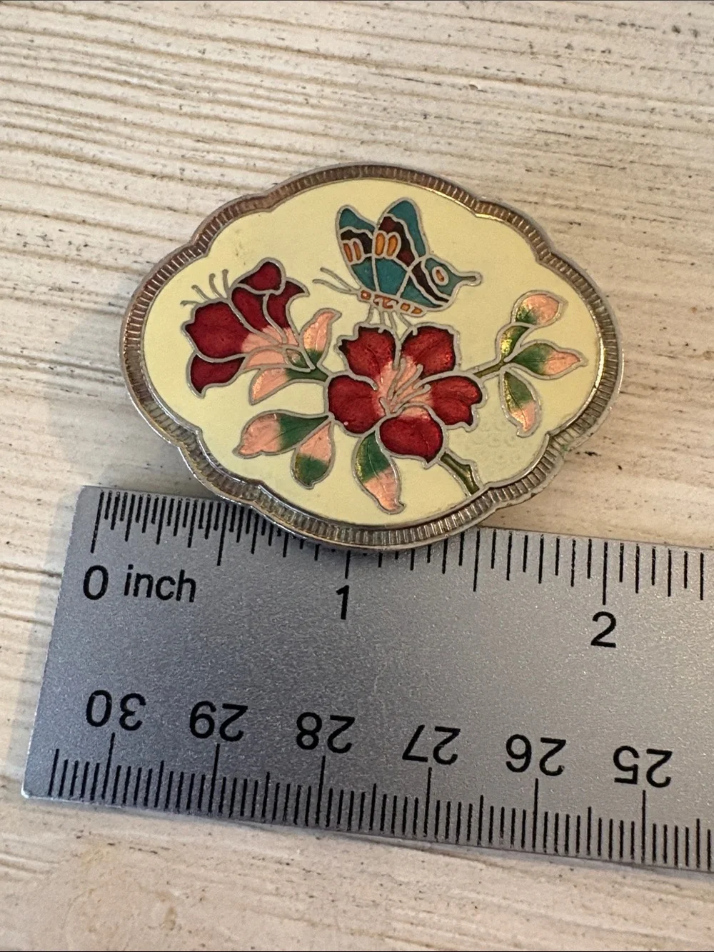 Vintage Enamel Cloisonné Brooch or Scarf Slider with Flowers and Butterfly